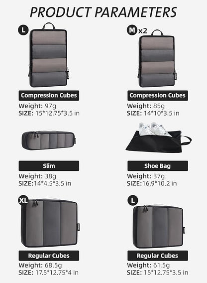 Bagail Ultralight Compression Cubes 7 Set - 3 Packing Cubes, 3 Organizers, and 1 Shoe Bag