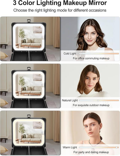 Chomeiu Makeup Bag with Mirror, Travel Train Case Large Cosmetic Organizer with 2 Trays and Vanity Mirror with LED Lights, Brush Holder Storage Box Suitcase for Nail Kits Cosmetics Craft, Black