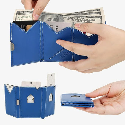 Men's Wallet, Genuine Leather RFID Blocking Slim Money Clip Wallet Minimalist Front Pocket Tri-Fold Money Clip Credit Card Holder with Present Box Blue