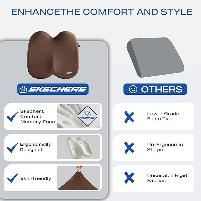 Skechers Memory Foam Seat Cushion,Ribbed Fabric Office Chair Cushion for Tailbone Pain Relief,Butt Pillow for Office Chair,Car Seat Cushion,Long Sitting Office Workers,and Car Drivers,Brown