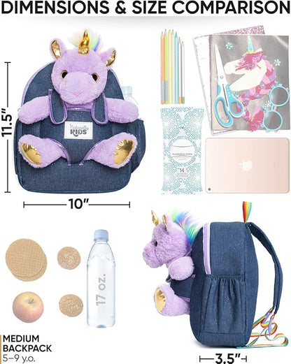 Naturally KIDS Medium Toddler Unicorn Backpack Age 3-9 (11’’h) w Detachable Purple Unicorn Toys for Girls Age 4-6, Gifts for 5 Year Old Girls