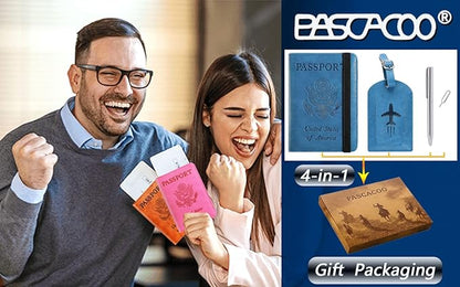 Passport Holder With Luggage Tag Travel Essentials Passport Cover Wallet RFID Blocking Leather Case International Must Haves Travel Accessories Women Men(115#Blue)