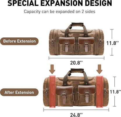 Wildroad Waxed Canvas Genuine Leather 50L Waterproof Duffle Bag - Vintage Travel Weekender Overnight Carry On