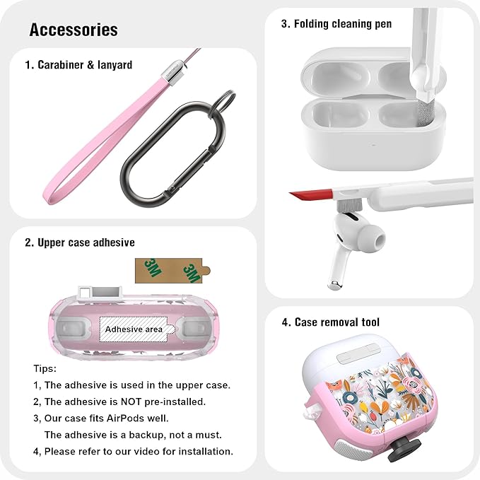 WENEW Case for AirPods 4th Case Cover Secure Lock Automatic Snap Switch Clip Cleaner Kit Lanyard Women Stylish Flower Armour Hard Shell Full Body Front LED Visible (Pink Flower, AirPods 4th)