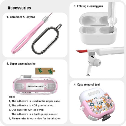 WENEW Case for AirPods 4th Case Cover Secure Lock Automatic Snap Switch Clip Cleaner Kit Lanyard Women Stylish Flower Armour Hard Shell Full Body Front LED Visible (Pink Flower, AirPods 4th)
