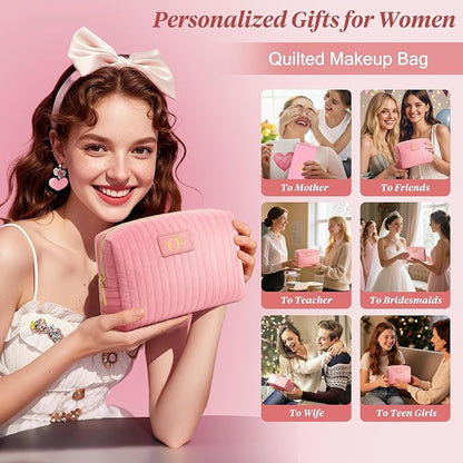 Monogrammed Make Up Bags for Women,Personalized Cosmetic Bags Women,Small Quilted Makeup Pouch,Cute Makeup Bag Travel,Birthday Gifts for Teen Girl (Pink O)