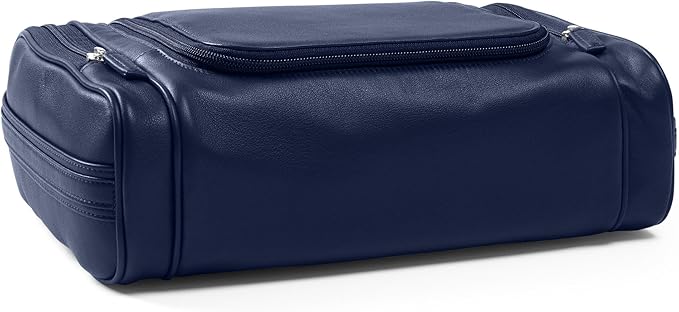 Leatherology Navy Blue Hanging Toiletry Kit – Full Grain Leather Travel Organizer with Hanger and Multiple Storage Compartments
