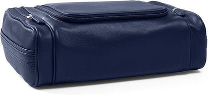 Leatherology Navy Blue Hanging Toiletry Kit – Full Grain Leather Travel Organizer with Hanger and Multiple Storage Compartments