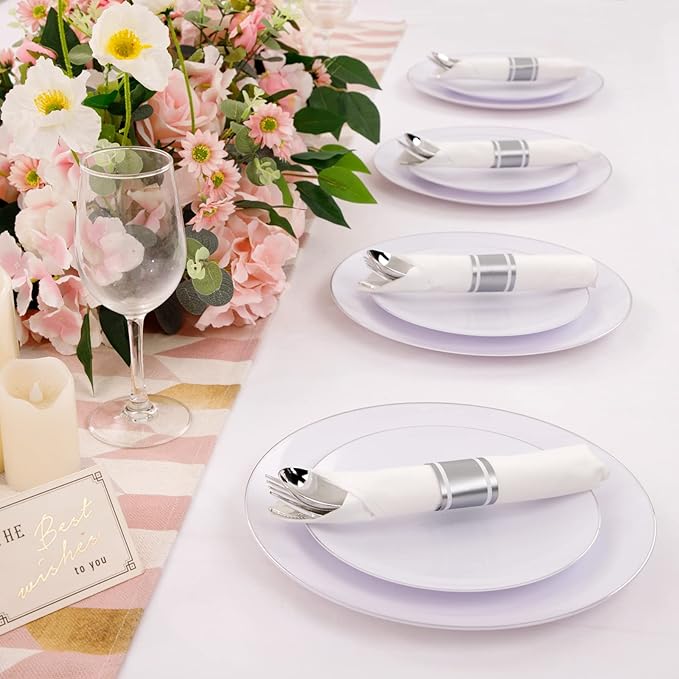 LUODA 30 Pack Pre Rolled Silver Plastic Silverware, Heavy Duty Wrapped Disposable Cutlery Set Includes 30 Forks, Knives, Spoons & Linen Napkins, Silver Flatware Set for Party