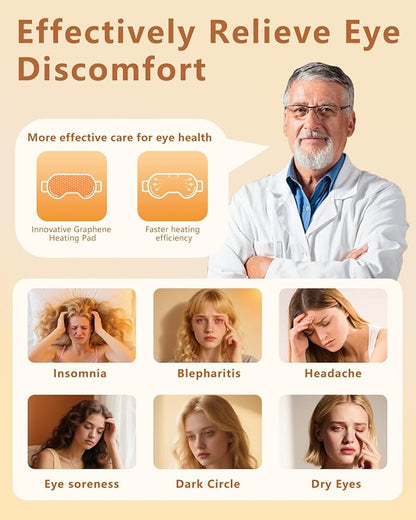 Heated Eye Mask for Dry Eyes & Stye Relief, 100% Mulberry Silk Sleep Mask with 3 Heat Levels & Auto-Off, Rechargeable & Washable Warm Eye Compress, Graphene Wireless Heating Pad for Travel