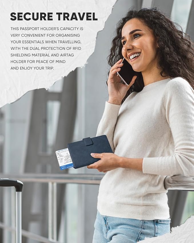VULKIT Passport Holder with Airtag Holder RFID Blocking Passport Wallet Travel Leather Passport for Women(Navy)