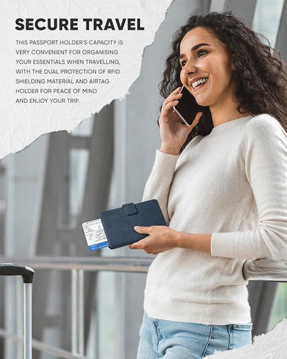 VULKIT Passport Holder with Airtag Holder RFID Blocking Passport Wallet Travel Leather Passport for Women(Navy)