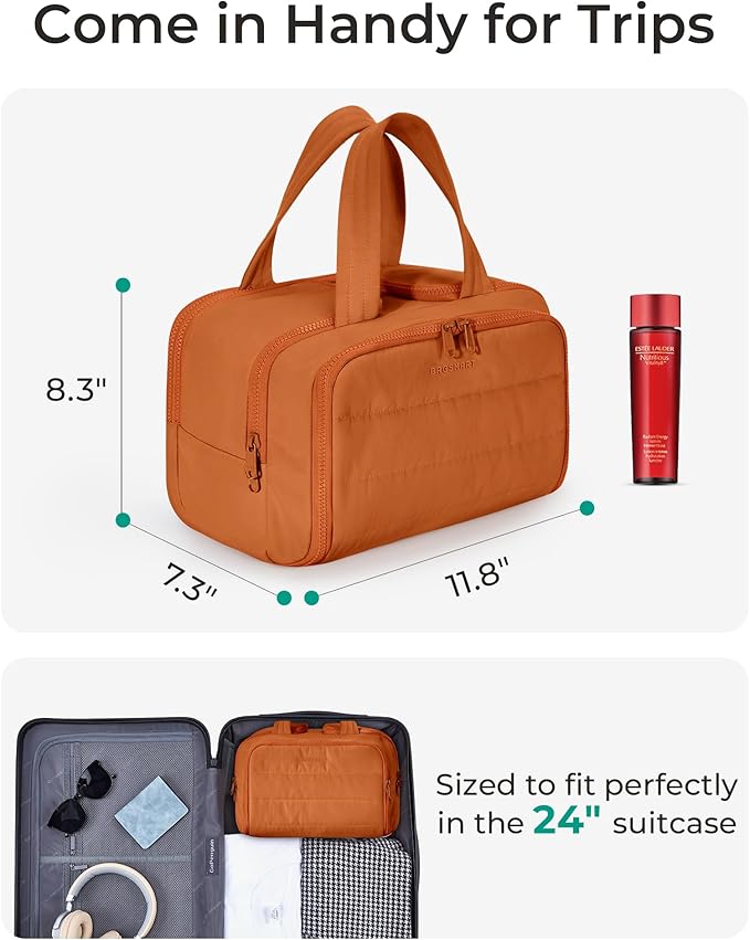 BAGSMART Travel Toiletry Bag, Puffy Toiletry Bag for Women, Wide-open toiletry bags for traveling, Large Travel Cosmetic Makeup Bag Organizer for Accessories,Toiletrie (Sandstore Brown)