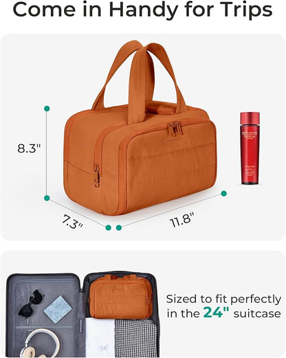 BAGSMART Travel Toiletry Bag, Puffy Toiletry Bag for Women, Wide-open toiletry bags for traveling, Large Travel Cosmetic Makeup Bag Organizer for Accessories,Toiletrie (Sandstore Brown)