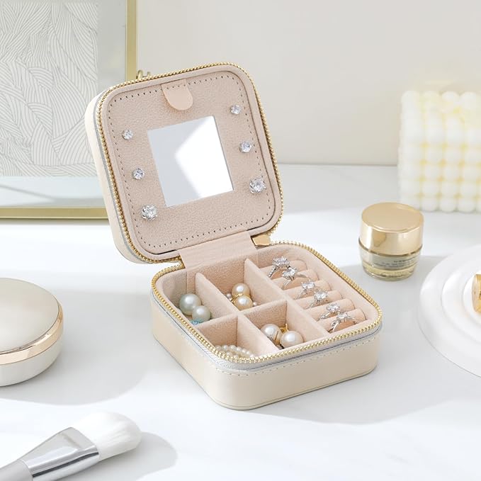 Genuine Leather Travel Jewelry Case Organizer with Mirror for Women, Small Jewelry Box Portable Mini Jewelry Case for Earring, Ring, Necklace, Bracelet(Beige)