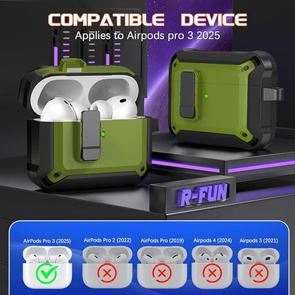 R-fun for AirPods Pro 3 Case (2025) Cover with Cleaning Kit, Military-Grade Heavy-Duty Drop-Resistant with Auto Pop-Up Lid for AirPods Pro 3rd Generation 2025 USB-C Charging Case, Army Green