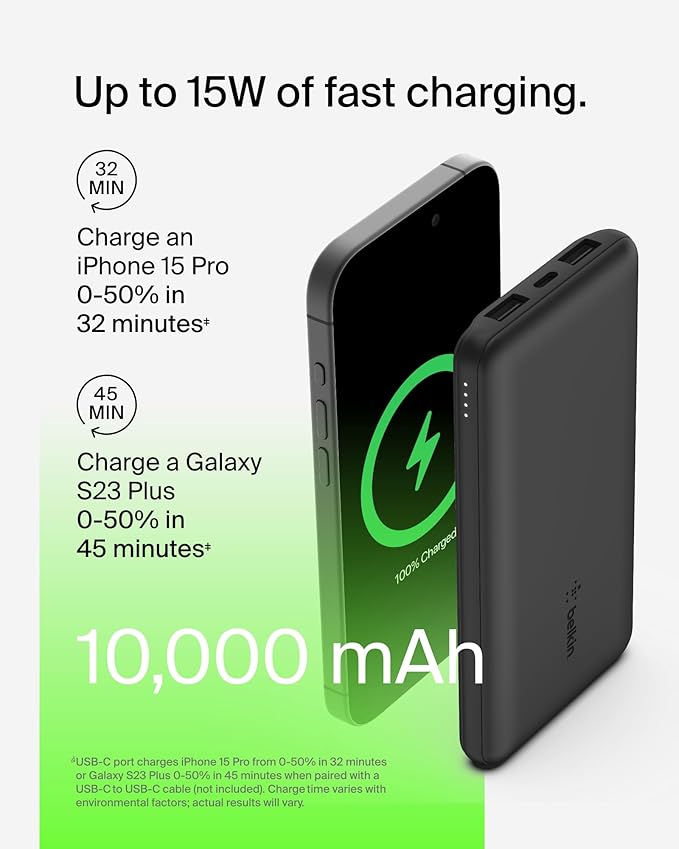 Belkin Portable Charger - 15W 3 Port Power Bank Battery Pack with 10000mAh Battery - Fast Charging for iPhone, Samsung Phone, More - USB C to USB A Cable Included