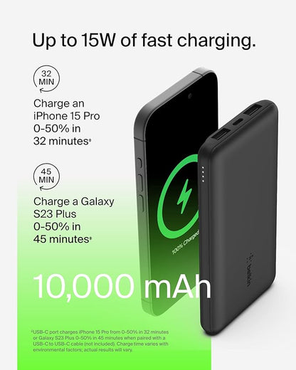 Belkin Portable Charger - 15W 3 Port Power Bank Battery Pack with 10000mAh Battery - Fast Charging for iPhone, Samsung Phone, More - USB C to USB A Cable Included