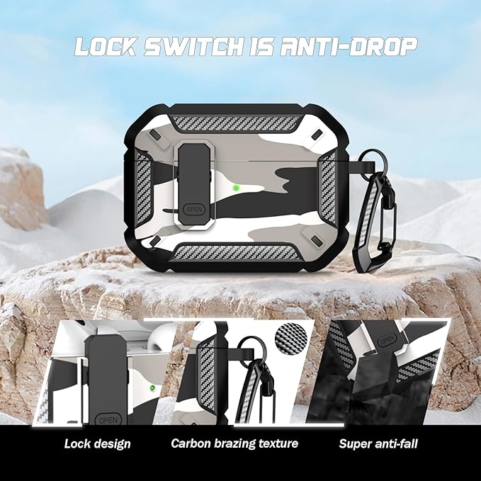 RFUNGUANGO for AirPods Pro 2nd Gen Protective Case with Cleaning Kit, Military Hard Case Protective Armor with Lock, for AirPod Gen 2 Charging Case (2023/2022/2019, 2nd Gen/1st Gen),Snow Camouflage