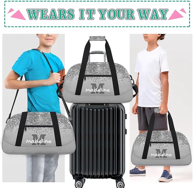 Personalized Kids Sports Duffel Bag with Name Custom Weekender Overnight Bag for Boys Girls Gym Bag Travel Dance Gymnastics Duffel Bag, Gray Glitter