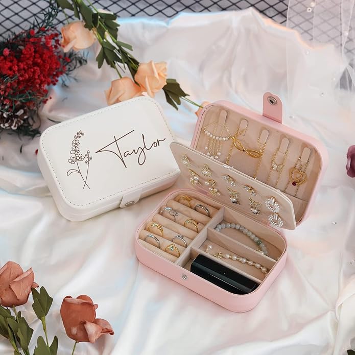 Personalized Jewelry Box for Women, Custom Travel Jewelry Case with Name and Birth Flower, Leather Jewelry Box for Rings, Earrings, Necklaces, Personalized Gifts for Women