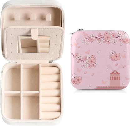 Cherry Blossom Leather Jewelry Boxes, Pink Mini Travel Jewelry Case Organizer, Elegant Jewelry Organizers and Storage with Mirror, Christmas and Birthday Present for Women's and Girls