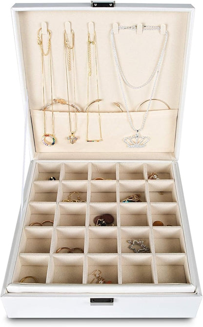 Frebeauty Earring Organizer Classic Jewelry Box 50 Slots Double Layer Jewelry Storage Case with 6 Necklace Hook and Bracelet Pocket(Pearl White)