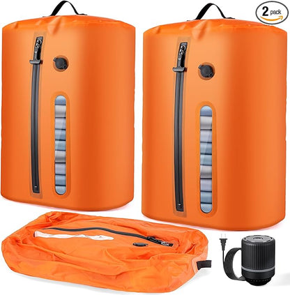 Vacuum Bags for Travel with Pump, Vacuum Packing Cubes for Travelers, Vacuum Seal Bags for Clothing, Reusable IP68 Waterproof Airless Travel Bags for Luggage, Backpack & Suitcase (Orange 2PC + Pump)