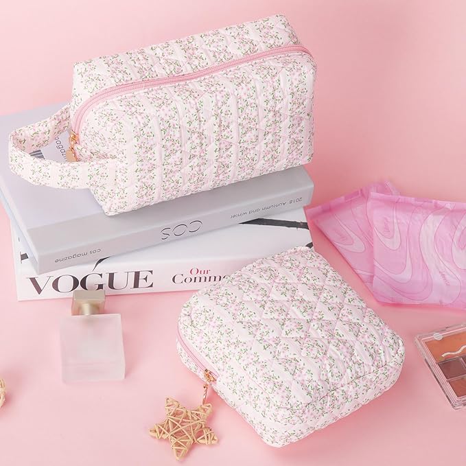 Small Makeup Bags, Cute Floral Cosmetic Pouch for Women and Girls, Quilted Travel Toiletry Bag Organizer, with Zipper, Handle and Compartments, Set of 2