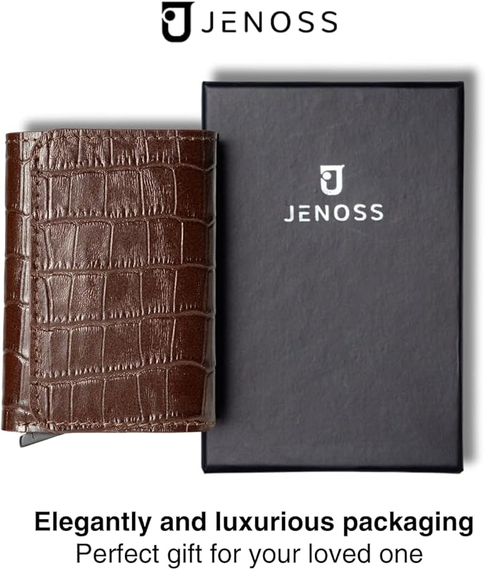 Jenoss Smart Wallet For Men: Full Grain Leather, Handcrafted, Slide Metal Pop Up Case, Slim RFID Blocking Credit Card Holder, Minimalist, Compact, 6-8 Cards Organizers, Front Pocket, Clip (Burgandy)