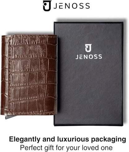 Jenoss Smart Wallet For Men: Full Grain Leather, Handcrafted, Slide Metal Pop Up Case, Slim RFID Blocking Credit Card Holder, Minimalist, Compact, 6-8 Cards Organizers, Front Pocket, Clip (Burgandy)