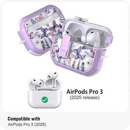 WENEW for AirPods Pro 3 Case (2025) Cover Secure Lock Automatic Snap Switch Clip Cleaner Kit Lanyard Women Stylish Flower Hard Shell Full Body Front LED Visible (Purple Butterfly, AirPods Pro 3)