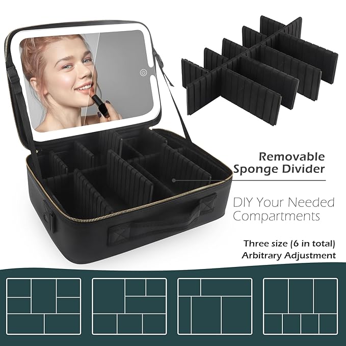 MOMIRA Large Makeup Train Case with Lighted and Mirror Partitionable Cosmetic Bag Travel Makeup Case Professional Cosmetic Artist Organizer, Waterproof Portable, with Shoulder Stra
