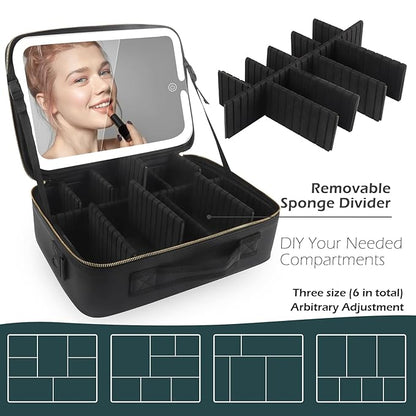 MOMIRA Large Makeup Train Case with Lighted and Mirror Partitionable Cosmetic Bag Travel Makeup Case Professional Cosmetic Artist Organizer, Waterproof Portable, with Shoulder Stra