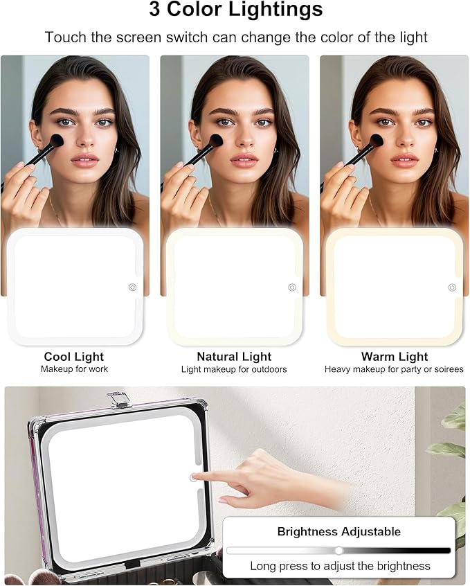 Relavel Makeup Bag with LED Mirror, Makeup Box Travel Train Case with Rechargeable Lighted Mirror, Cosmetic Brush Organizer Storage for Makeup Artists Gifts for Women and Girls, Hot Pink Shining Star