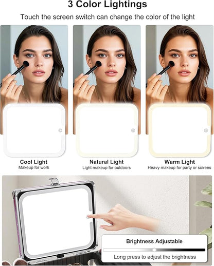 Relavel Makeup Bag with LED Mirror, Makeup Box Travel Train Case with Rechargeable Lighted Mirror, Cosmetic Brush Organizer Storage for Makeup Artists Gifts for Women and Girls, Hot Pink Shining Star