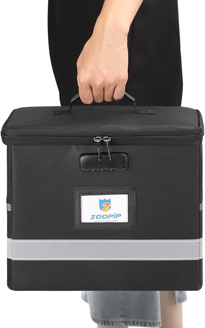 Fireproof File Box with Lock, Document Box Storage Organizer, Suitable for Hanging File Folders in Letter Size, Collapsible File Box, Reflective Strip for Fast Find (12.2"*6"*10.2 (Black, 2Pcs)