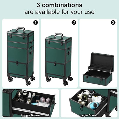 Makeup Train Case with Drawer, Rolling Makeup Case, Cosmetology Case on Wheels, Gift, Travel Makeup Organizers, Profesional Cosmetic Case for Salon Barber,Nail,Tattoo,Green