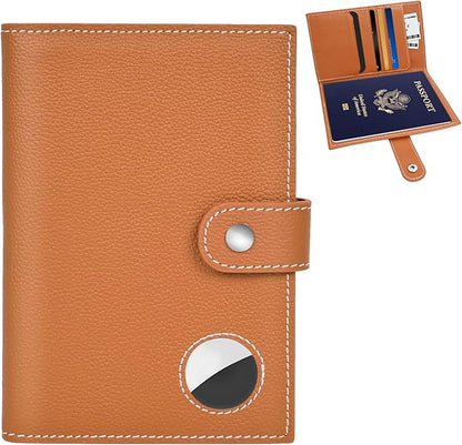 Genuine Leather Passport Holder, RFID Blocking Travel Wallet for Men/Women, Stylish Passport Cover with Airtag Slot, Durable Passport Wallet case travel essentials (Brown)