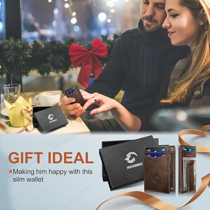 Magnetic Closure Slim Wallet with Money Clip Gift Boxed,Genuine Leather Front Pocket Wallet for Men, 3.9"x 2.11", RFID Blocking