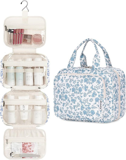 Narwey Hanging Floral Toiletry Bag for Women Travel Makeup Bag Organizer Toiletries Bag for Travel Size Essentials Accessories Cosmetics (Little Blue Flower (Medium))