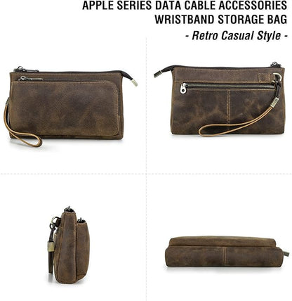 Electronic Organizer Zipper Bag Tech Kit, Top Grain Leather Handmade, Portable Compact Travel Apple Accessories Storage Pouch Fits Phone, USB Cables, Power Banks, Chargers, Hard Drive