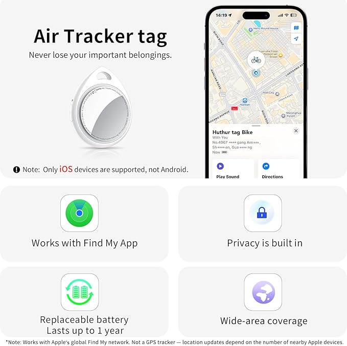 Air Tracker Tags-4 Pack, 5.3 Bluetooth Tracker Work with Apple Find My (iOS Only), 100dB Sound Finder, Smart Tags with Keychain/Lanyard, Item Finder for Luggage/Key/Suitcase, Replaceable Battery.