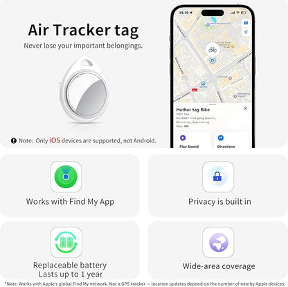 Air Tracker Tags-4 Pack, 5.3 Bluetooth Tracker Work with Apple Find My (iOS Only), 100dB Sound Finder, Smart Tags with Keychain/Lanyard, Item Finder for Luggage/Key/Suitcase, Replaceable Battery.