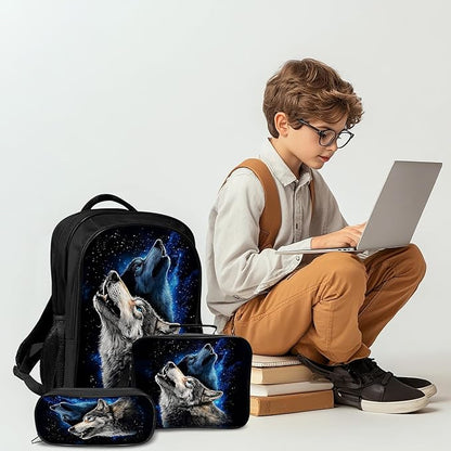 Wolf Backpack Wild 17 Inches Bookbag 3PCS Set with Lunch Box Pencil Case Daypack for Kids Boys