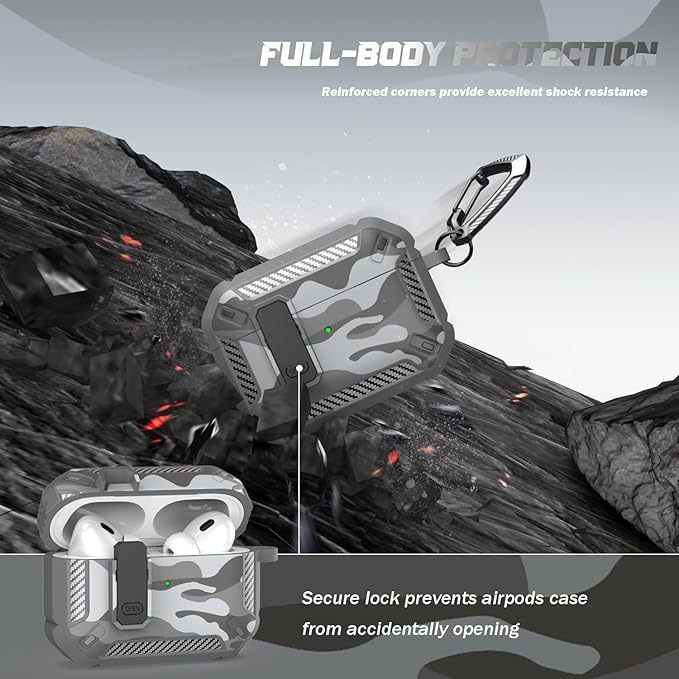 RFUNGUANGO for AirPods Pro 2nd Generation Case Cover with Cleaner Kit, Military Hard Shell Protective Armor with Lock for AirPod Gen 2 Charging Case2023, 2022, Front LED Visible,Grey Camou