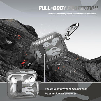 RFUNGUANGO for AirPods Pro 2nd Generation Case Cover with Cleaner Kit, Military Hard Shell Protective Armor with Lock for AirPod Gen 2 Charging Case2023, 2022, Front LED Visible,Grey Camou