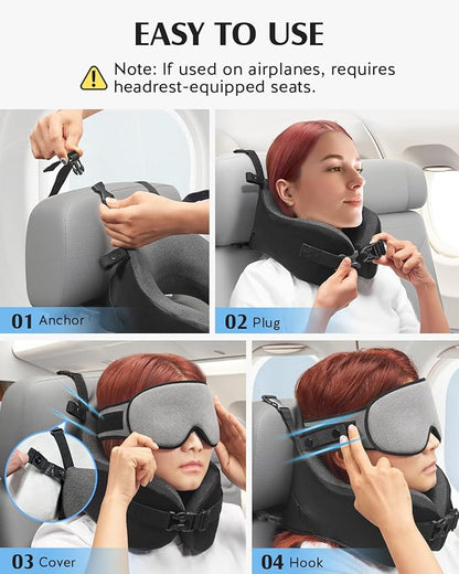 YFONG Travel Pillow for Long Flight Airplanes, Head Strap Combo with 3D Contoured Eye Mask for Sleep, Neck Pillow for Car Trip Essential, 360° Support Memory Foam Headrest, Prevent Head Bobbing, Grey