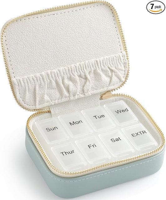 Genuine Leather Travel Pill Organizer Box Case 1 Times a Day for Purse for Women, Cute Medicine Pill Holder Containers for Vitamin Small Weekly Daily 7 Day Am Pm Pill Organizer(Cyan)