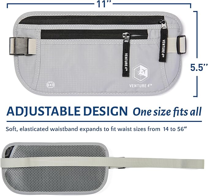 VENTURE 4TH Travel Money Belt - Slim Passport Holder RFID Blocking Travel Pouch to Protect Cash, Credit Cards and Travel Documents (Silver)